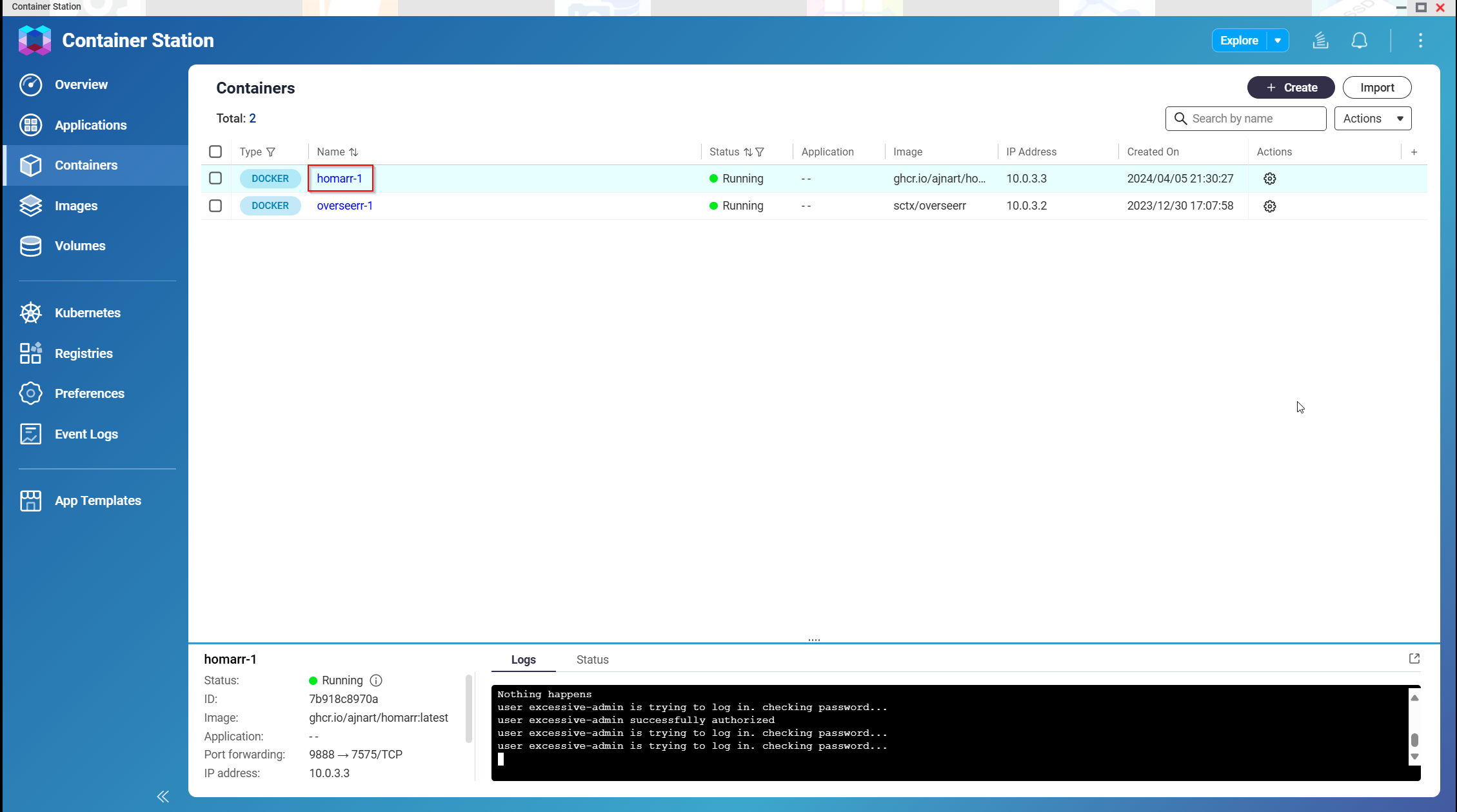 Homarr container selected in QNAP Container Station