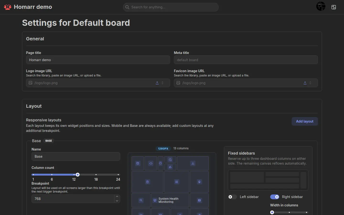Board layout settings with fixed sidebars