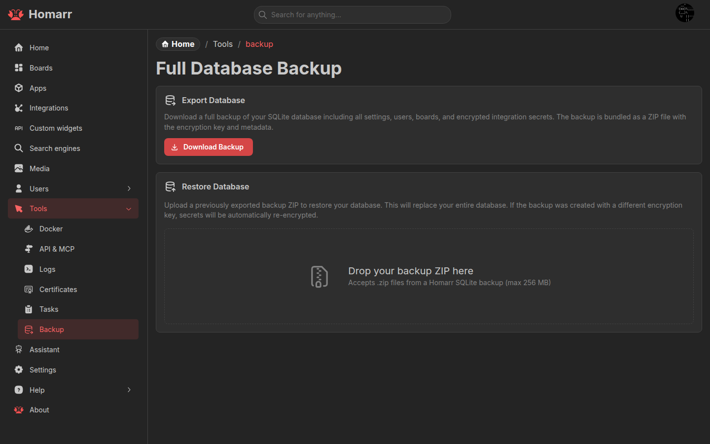 The Backup and restore management page