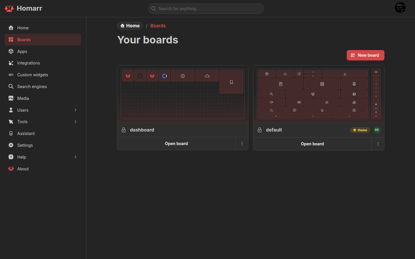 The Boards management page