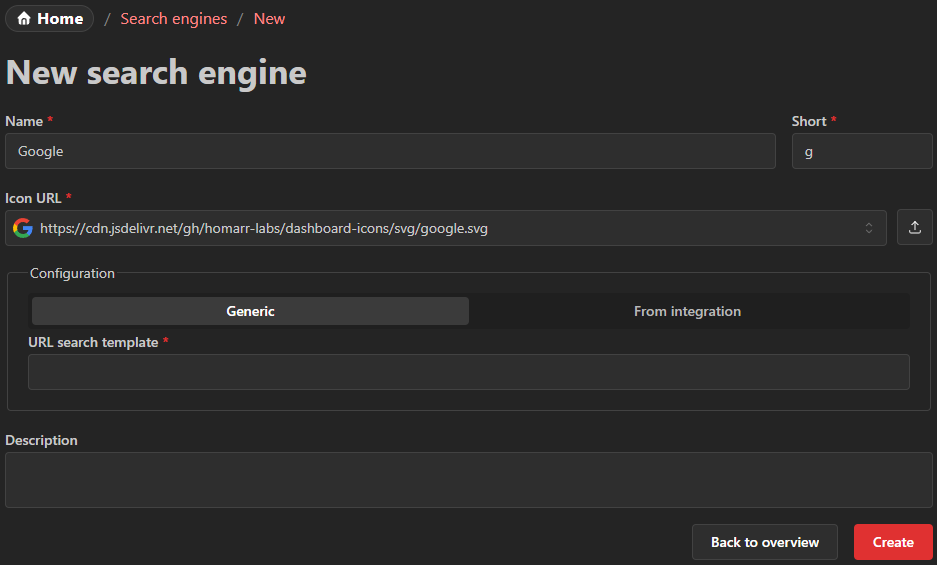 New search engine form with name, shortcut, icon, and URL template fields