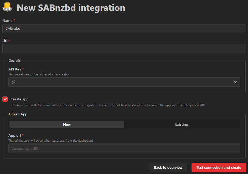 Creating an integration with a server URL, API key, and linked app