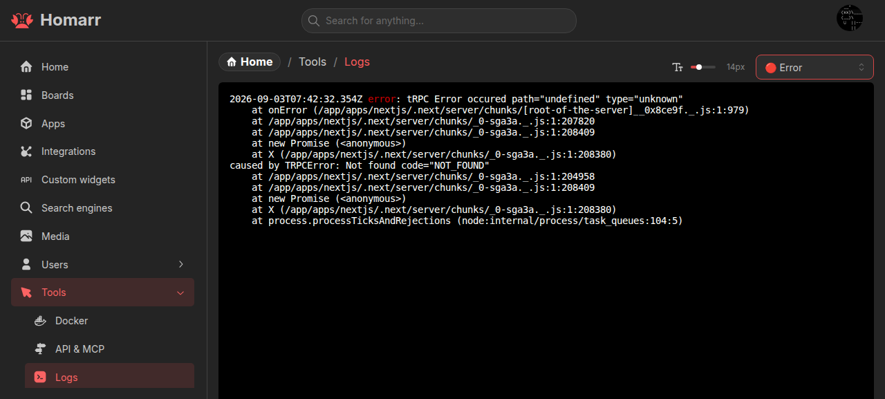 The live Logs management page