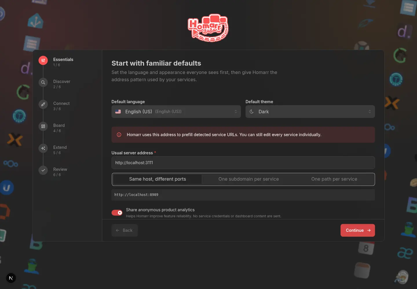 The Homarr 2.0 setup studio on its Essentials step, with all six setup stages shown