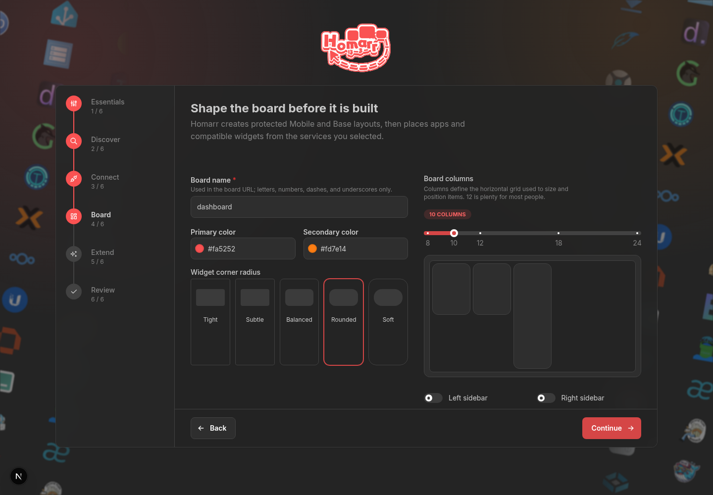 Board onboarding section for colors, columns, corner radius, and sidebars