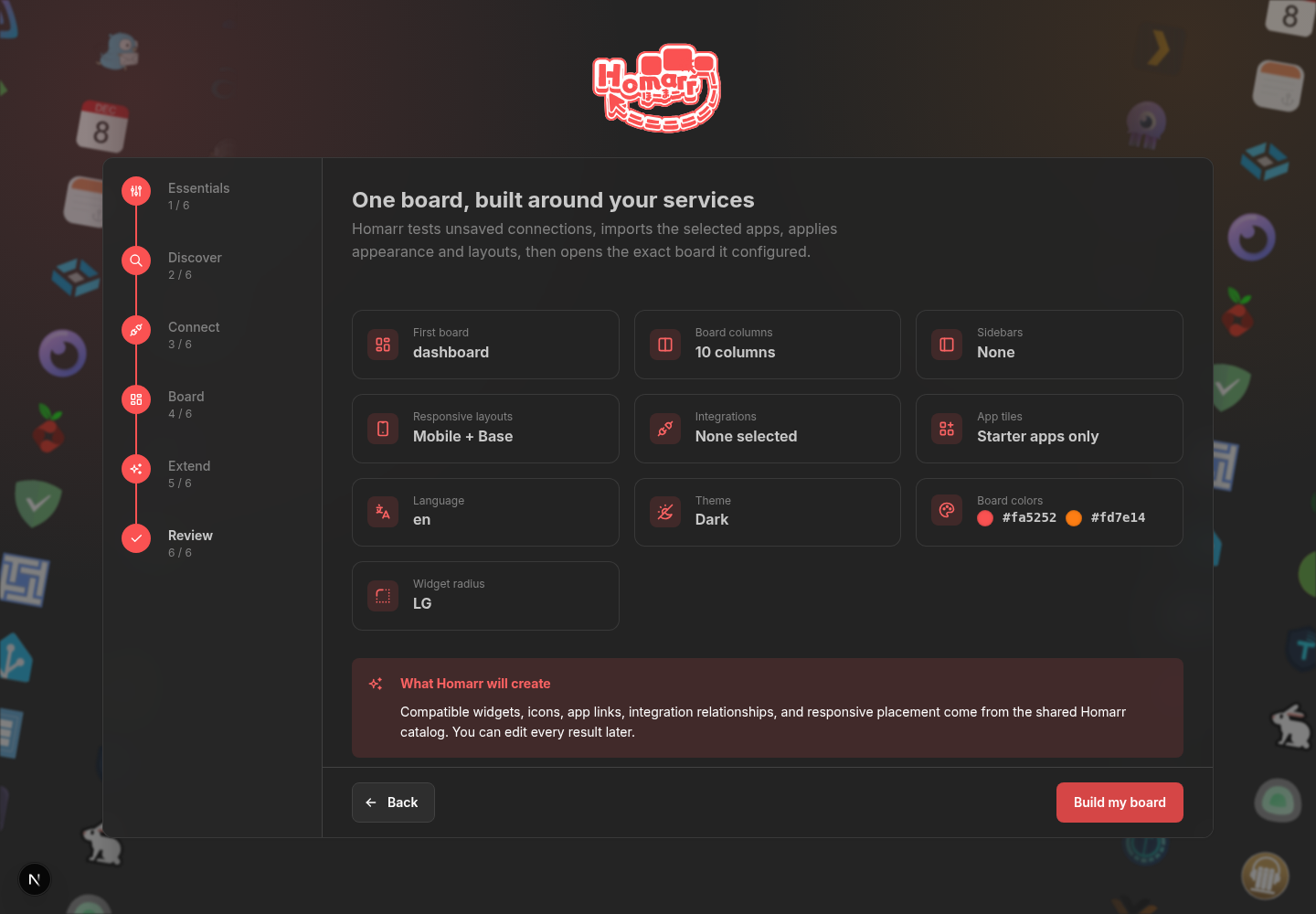 Onboarding review showing the board settings Homarr will create