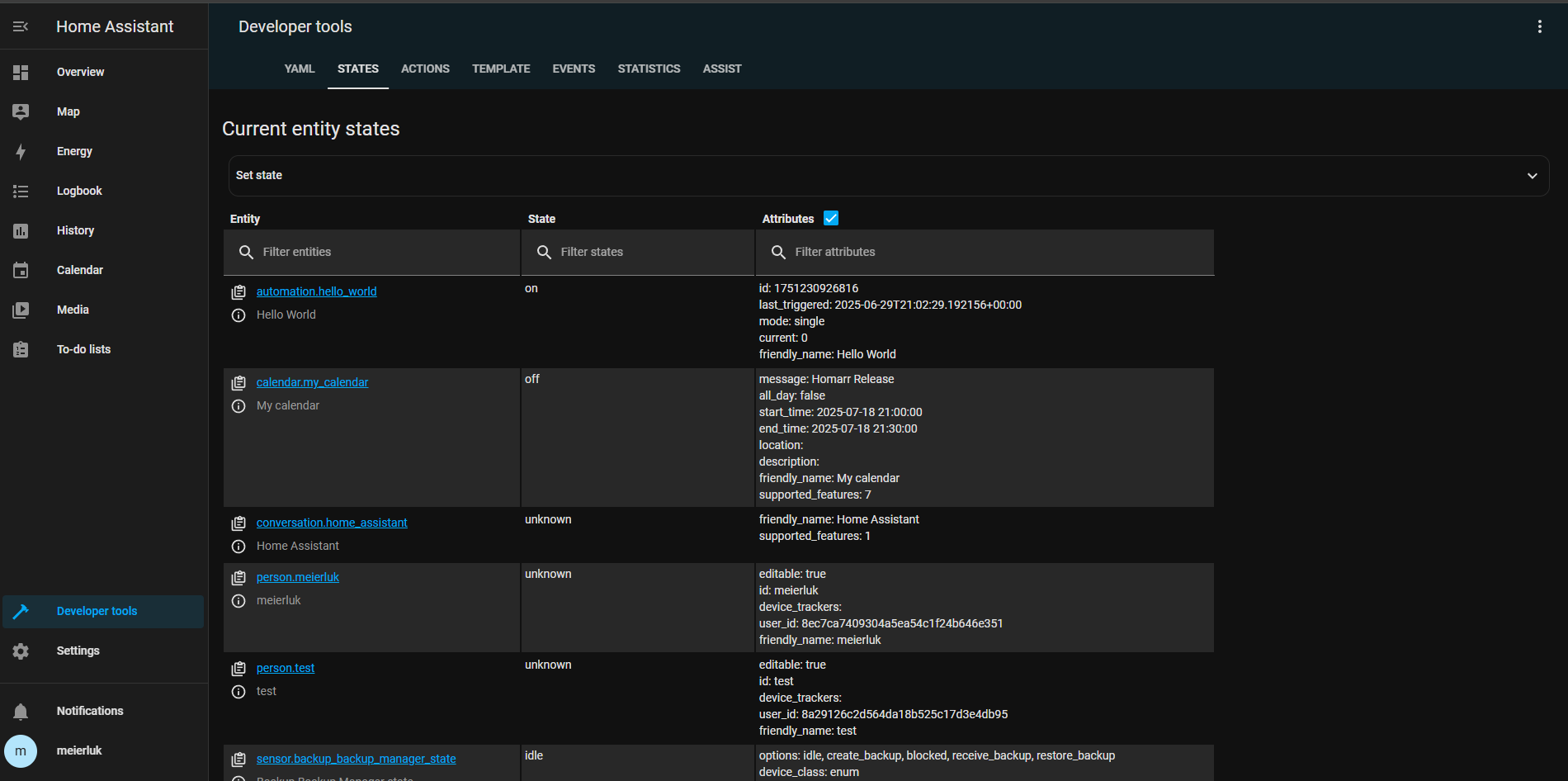 Home Assistant entity IDs under Developer Tools and States