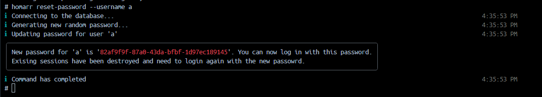 Terminal output confirming a password reset and session deletion