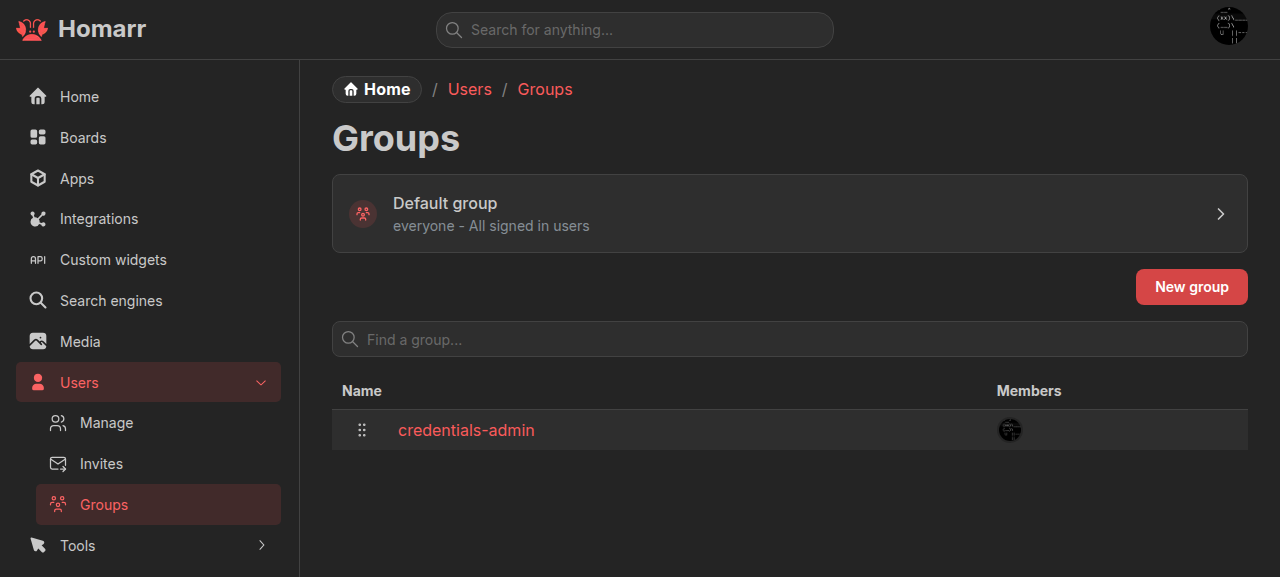 The user groups management page
